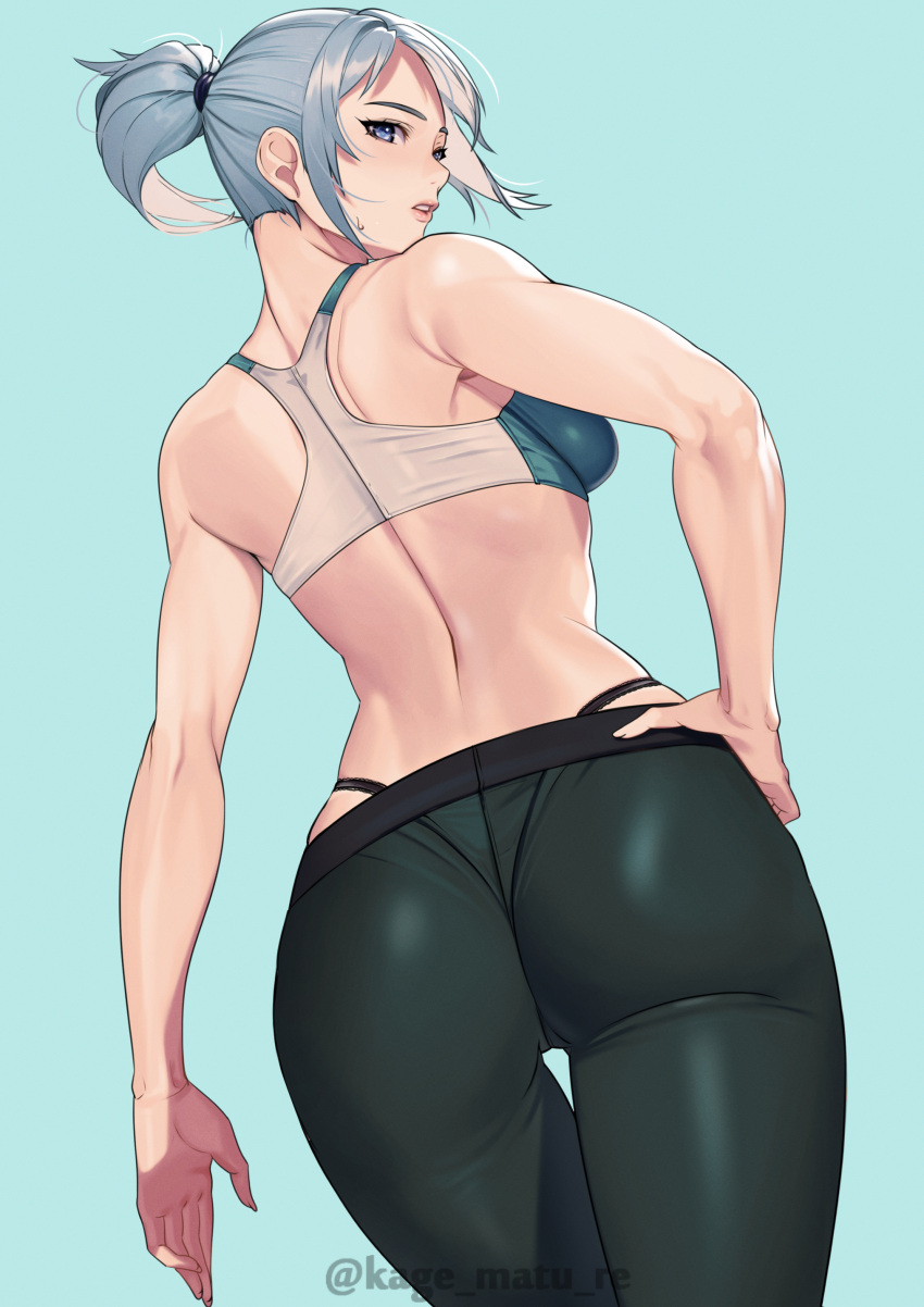 absurdres ass back black_pants blue_eyes breasts female from_behind grey_hair hand_on_own_hip highres jett_(valorant) kagematsuri looking_back medium_breasts pants panty_straps parted_lips ponytail racerback solo sports_bra standing thigh_gap tight_clothes tight_pants two-tone_sports_bra valorant yoga_pants