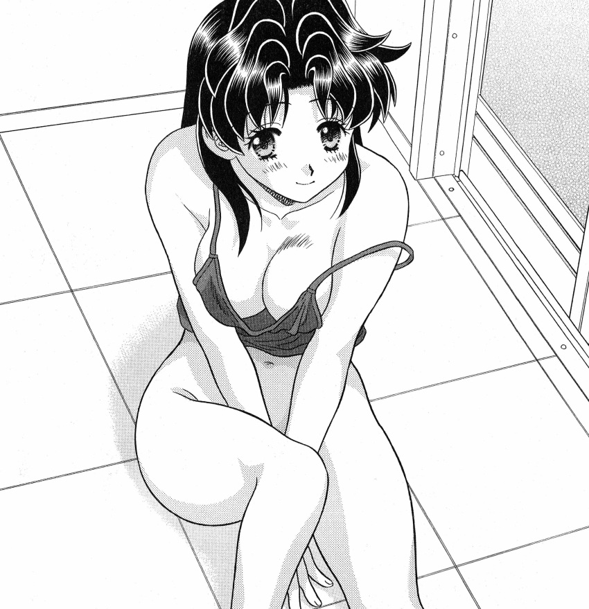 absurdres blush breasts cleavage female futari_ecchi greyscale highres katsu_aki large_breasts long_hair monochrome navel non-web_source onoda_yura sitting smile solo