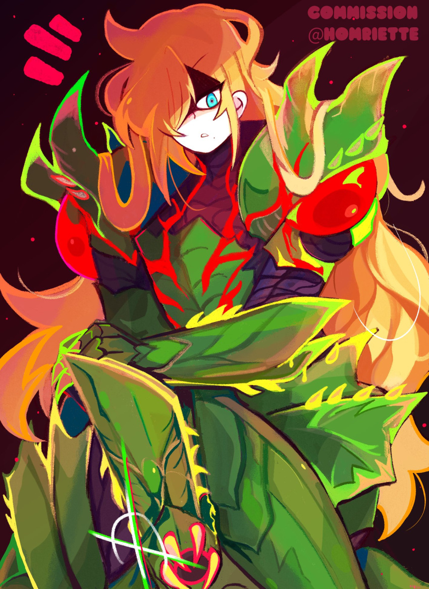 arm_cannon armor blonde_hair blue_eyes female hair_over_one_eye highres homriette long_hair looking_at_viewer messy_hair metroid metroid_dread metroid_suit mole mole_under_mouth partially_shaded_face power_armor power_suit samus_aran shoulder_spikes sitting solo spikes very_long_hair weapon