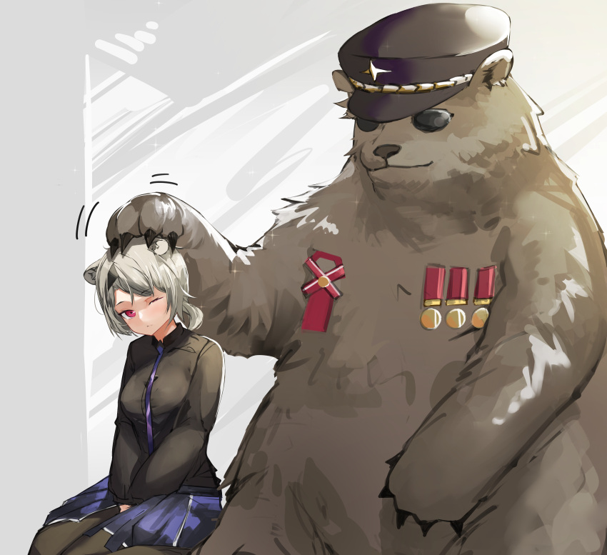 absinthe_(arknights) absurdres animal animal_ears ao_oni_(onioni-aoi) arknights award_ribbon bear bear_ears bear_girl black_hat black_pantyhose black_shirt closed_mouth collared_shirt commentary_request cowboy_shot female grey_background grey_hair hat headpat highres long_sleeves medal military_hat motion_lines necktie one_eye_closed pantyhose partial_commentary pleated_skirt puffy_long_sleeves puffy_sleeves purple_necktie purple_skirt red_eyes shirt short_hair sitting skirt solo sparkle sunglasses