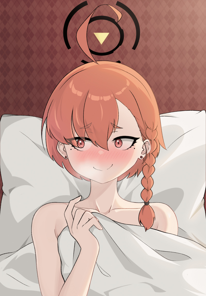 ahoge ahoge_wag animated animated bed bed_sheet blue_archive blush closed_mouth earrings expressive_hair female hair_between_eyes halo highres hrna implied_after_sex jewelry mole mole_under_eye neru_(blue_archive) on_bed orange_hair pillow red_eyes smile solo