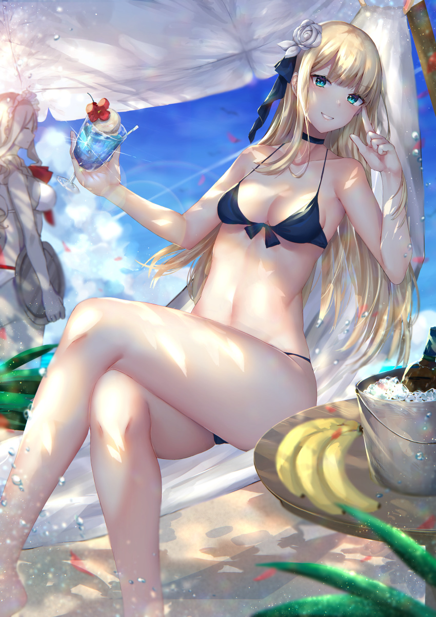 2girls absurdres aqua_eyes banana bare_shoulders bikini blonde_hair blue_bikini blue_ribbon blue_sky blush breasts choker collarbone colored_skin crossed_legs cup drinking_glass fate/grand_order fate_(series) flower food fruit golem grey_flower grey_hair grey_rose grey_skin grin hair_ribbon highres hitomin_(ksws7544) ice_bucket large_breasts legs lens_flare long_hair looking_at_viewer lord_el-melloi_ii_case_files maid_headdress multiple_girls navel reines_el-melloi_archisorte ribbon rose sitting sky small_breasts smile swimsuit tray trimmau_(fate)