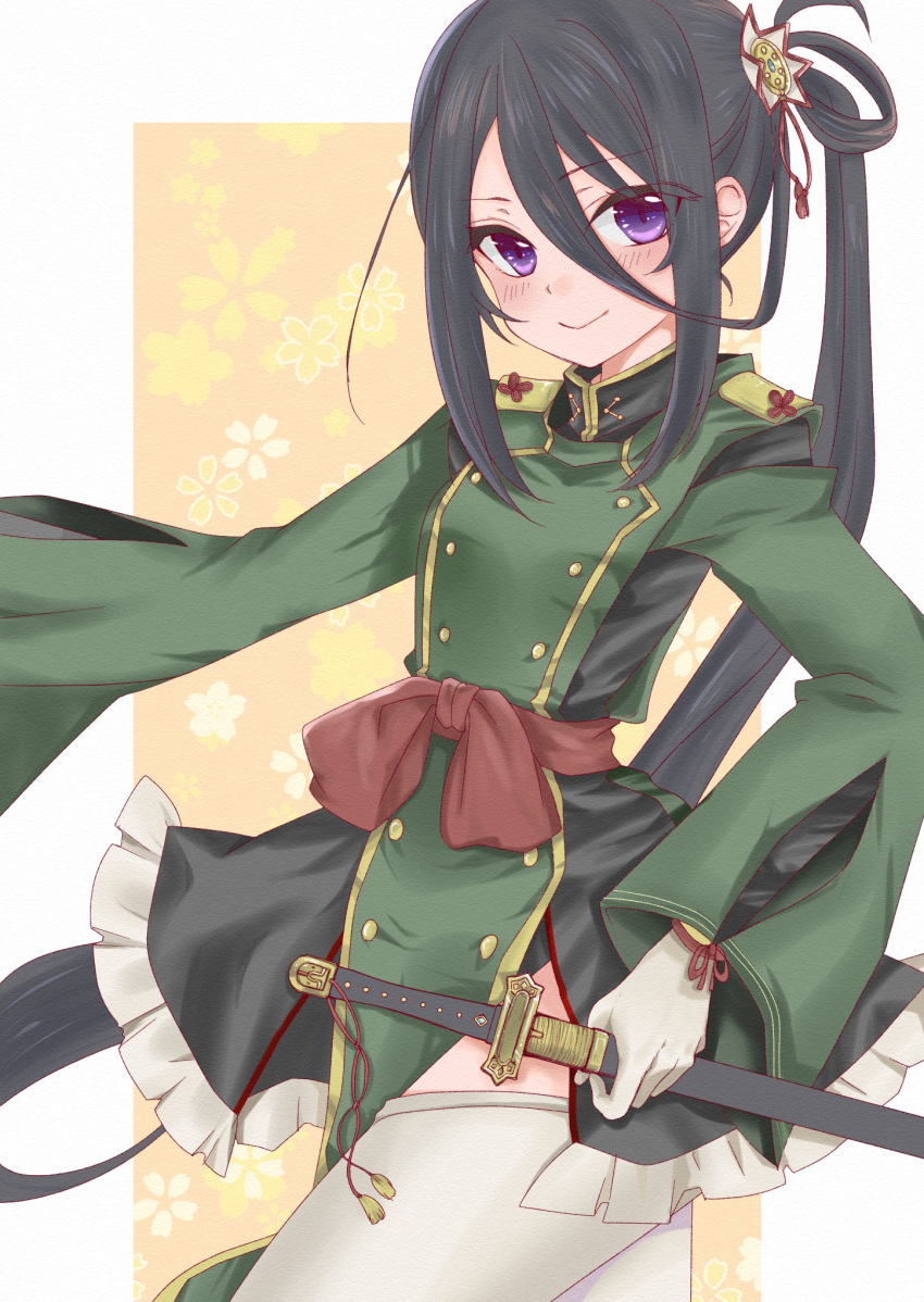 black_hair buttons chokutou closed_mouth commentary cowboy_shot double-breasted female floral_background frills gloves hair_between_eyes hair_ornament highres long_hair long_sleeves looking_at_viewer military military_uniform outside_border purple_eyes red_sash sash sheath sheathed shichiseiken_(tenka_hyakken) side_ponytail side_slit smile solo tenka_hyakken thighhighs uniform weapon white_gloves white_thighhighs wide_sleeves x0919a