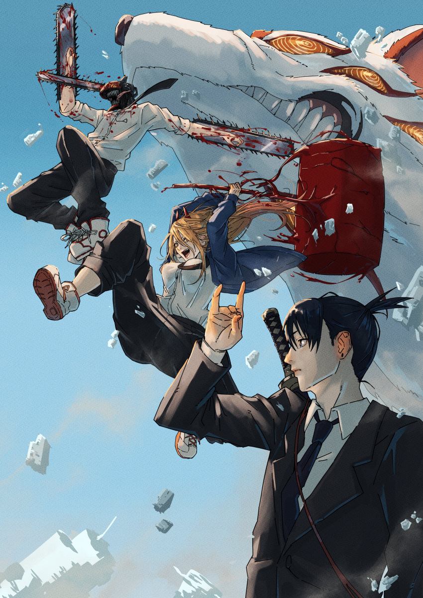 2boys absurdres black_hair black_jacket black_necktie blonde_hair blood blood_on_weapon blue_background blue_jacket blue_sky breasts chainsaw chainsaw_man collared_shirt debris denji_(chainsaw_man) earrings erupusai2 extra_eyes female formal fox_devil_(chainsaw_man) fox_shadow_puppet gun_sling hair_between_eyes hammer hayakawa_aki hemokinesis highres horns huge_weapon jacket jewelry katana long_hair looking_to_the_side medium_breasts messy_hair midair multiple_boys necktie no_eyes open_mouth power_(chainsaw_man) red_eyes red_horns ringed_eyes sharp_teeth shirt short_hair simple_background sky sleeves_rolled_up stud_earrings suit sword teeth tongue tongue_out topknot weapon weapon_on_back white_shirt