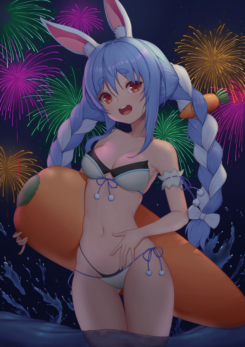 :d absurdres adapted_costume animal_ear_fluff animal_ears arm_strap ass_visible_through_thighs baeg_mi bare_shoulders bikini blue_hair blue_ribbon blush braid breasts carrot_hair_ornament cleavage collarbone commentary cowboy_shot female fireworks food-themed_hair_ornament hair_ornament hand_on_own_stomach highres hololive inflatable_toy layered_bikini long_hair looking_at_viewer medium_breasts multicolored_hair navel night night_sky open_mouth outdoors rabbit_ears red_eyes ribbon round_teeth side-tie_bikini_bottom sky smile solo stomach strapless strapless_bikini swimsuit teeth thick_eyebrows thigh_gap twin_braids two-tone_hair upper_teeth_only usada_pekora usada_pekora_(1st_costume) virtual_youtuber wading water white_bikini white_hair