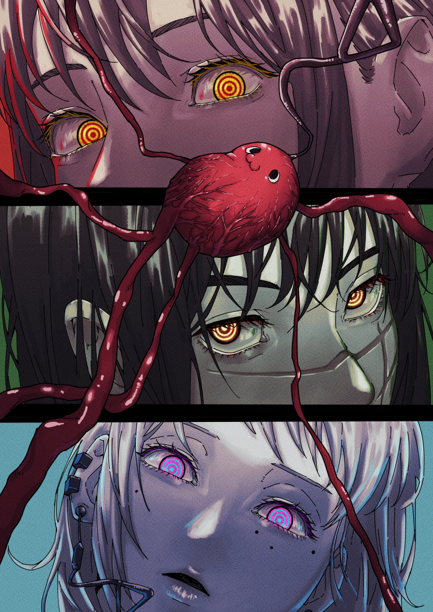 3girls absurdres black_border black_hair blonde_hair border chainsaw_man collage column_lineup cross_scar earrings erupusai2 fami_(chainsaw_man) head_tilt heart highres jewelry long_hair looking_at_viewer makima_(chainsaw_man) messy_hair mole mole_under_eye multiple_earrings multiple_girls multiple_moles multiple_monochrome open_mouth pochita_(chainsaw_man) ringed_eyes scar scar_on_cheek scar_on_face siblings sisters tassel tassel_earrings yellow_eyes yoru_(chainsaw_man)