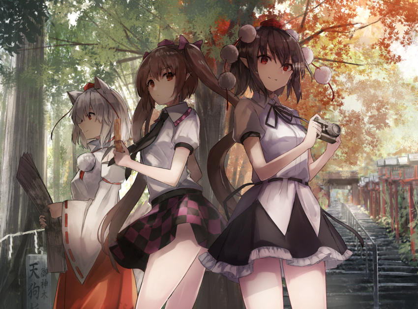 3girls animal_ears autumn_leaves black_hair black_necktie black_ribbon black_skirt bow breasts brown_eyes brown_hair camera cellphone checkered_clothes checkered_skirt commentary_request cowboy_shot detached_sleeves forest frilled_shirt_collar frills from_side grey_hair hairbow hat himekaidou_hatate holding holding_camera holding_phone inubashiri_momiji long_hair long_sleeves miniskirt multiple_girls nature neck_ribbon necktie newspaper petticoat phone pointy_ears pom_pom_(clothes) puffy_short_sleeves puffy_sleeves purple_bow purple_skirt railing red_eyes red_skirt ribbon ribbon-trimmed_sleeves ribbon_trim shameimaru_aya shirt short_hair short_sleeves skirt small_breasts smartphone smile stairs standing tassel thighs thkani tokin_hat touhou tree very_long_hair white_shirt wide_sleeves wolf_ears