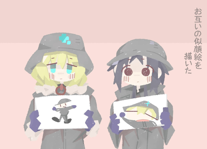 2girls aqua_eyes black_hair blonde_hair blush_stickers chito_(shoujo_shuumatsu_ryokou) commentary drawing gloves helmet highres holding military military_uniform multiple_girls naaga_sonomono shoujo_shuumatsu_ryokou simple_background solid_circle_eyes twintails uniform yuuri_(shoujo_shuumatsu_ryokou)