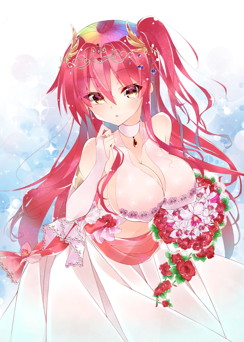 absurdres bad_id bad_pixiv_id blue_background bouquet breasts bridal_gauntlets bride cattleya_(flower_knight_girl) choker cleavage cowboy_shot dress female flower flower_knight_girl highres holding holding_bouquet lace large_breasts long_hair looking_at_viewer mairo_(mairo029) multicolored_hair one_side_up red_flower red_hair red_rose rose solo standing tiara wedding_dress white_choker white_dress yellow_eyes