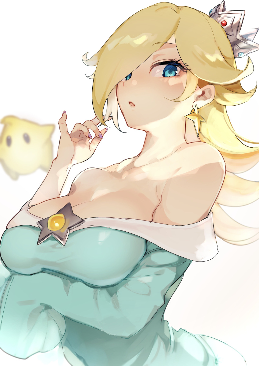 absurdres alternate_breast_size arm_under_breasts bare_shoulders blonde_hair blue_dress blue_eyes blurry blurry_background breasts brooch cleavage crown dress earrings eyelashes female hair_over_one_eye highres jewelry kmnk_(kumanuko) large_breasts long_hair long_sleeves looking_at_viewer luma_(mario) mario_(series) off-shoulder_dress off_shoulder open_mouth purple_nails rosalina star_(symbol) star_earrings super_mario_galaxy upper_body white_background