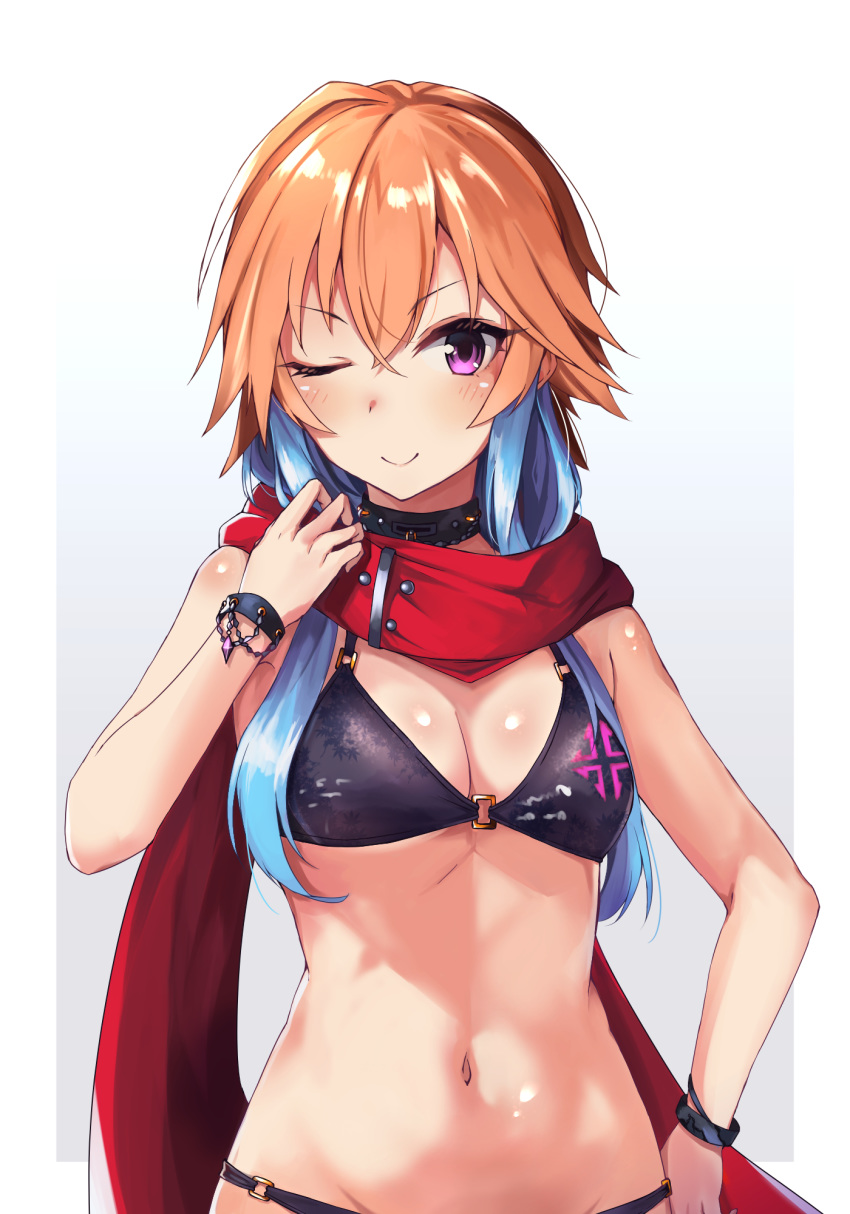 bikini black_bikini blue_hair breasts cleavage female halterneck hasumushi highres idolmaster idolmaster_cinderella_girls long_hair looking_at_viewer medium_breasts multicolored_hair navel ninomiya_asuka one_eye_closed orange_hair purple_eyes red_scarf scarf smile solo string_bikini swimsuit two-tone_hair