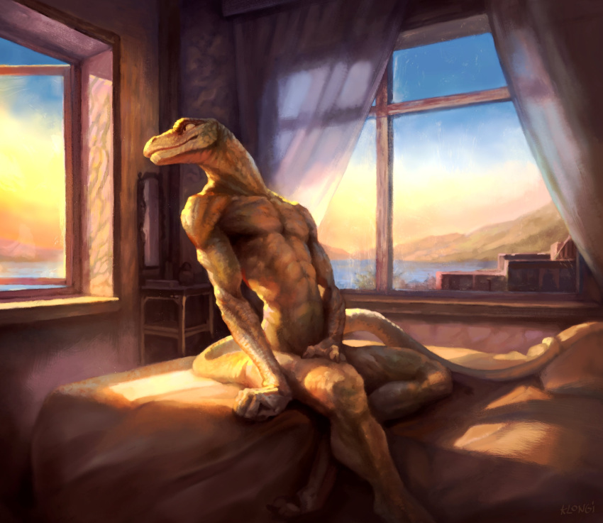 abs absurd_res anthro athletic athletic_anthro athletic_male bed bed_sheet bedding bedroom curtains curtains_open detailed_background furniture hi_res inside klongi lake leaning leaning_backward lizard long_tail looking_back male mirror nude pillow reptile scales scalie sitting solo tail window