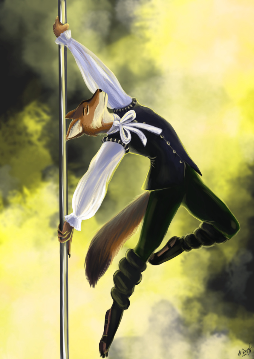 absurd_res alexandradane anthro canid canine canis dancing female hi_res mammal pole pole_dancing solo wolf