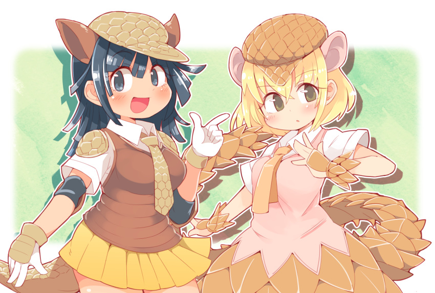 2girls :d armadillo_ears armadillo_tail blonde_hair blue_background blue_eyes blue_hair blush breasts brown_eyes brown_headwear brown_vest commentary_request contrapposto cowboy_shot crossed_bangs drop_shadow dutch_angle extra_ears giant_armadillo_(kemono_friends) giant_pangolin_(kemono_friends) gloves hair_between_eyes hand_up hat highres index_finger_raised ini_(inunabe00) kemono_friends long_hair looking_at_viewer medium_breasts multiple_girls necktie open_mouth orange_skirt outline pangolin_ears pangolin_tail parted_lips pink_vest pleated_skirt shirt short_sleeves simple_background skirt smile standing vambraces vest white_background white_gloves white_outline white_shirt yellow_necktie yellow_skirt