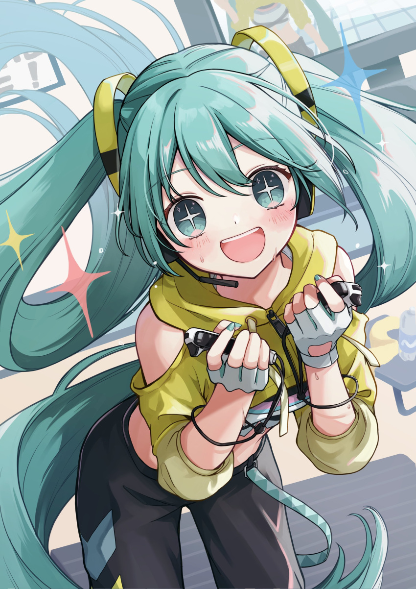 +_+ :d absurdres aqua_eyes aqua_hair aqua_nails bent_over black_pants blush clothing_cutout commentary computer_keyboard cropped_jacket feet_out_of_frame female fingerless_gloves fitness_boxing fitness_boxing_feat._hatsune_miku:_isshoni_exercise floating_hair gloves hair_ornament handheld_game_console hatsune_miku headphones headset highres hood hooded_jacket indoors jacket lanyard long_hair looking_at_viewer midriff monitor nagitofuu nail_polish nintendo_switch official_alternate_costume open_mouth pants shoulder_cutout smile solo sparkling_aura standing sweat teeth track_pants twintails upper_teeth_only very_long_hair vocaloid white_gloves yellow_jacket