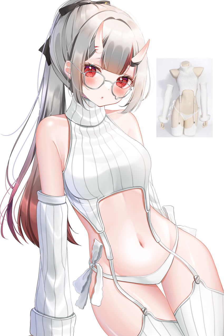 absurdres bad_id bad_pixiv_id blush breasts commentary_request detached_sleeves female garter_straps glasses gradient_hair grey_hair highres hololive horns long_hair looking_at_viewer meme_attire multicolored_hair nakiri_ayame navel ohagetty panties photo-referenced photo_inset ponytail red_eyes red_hair reference_inset ribbed_sleeves ribbed_thighhighs side-tie_panties skin-covered_horns small_breasts solo streaked_hair sweater thighhighs turtleneck turtleneck_sweater underwear virgin_destroyer_sweater virtual_youtuber white_panties