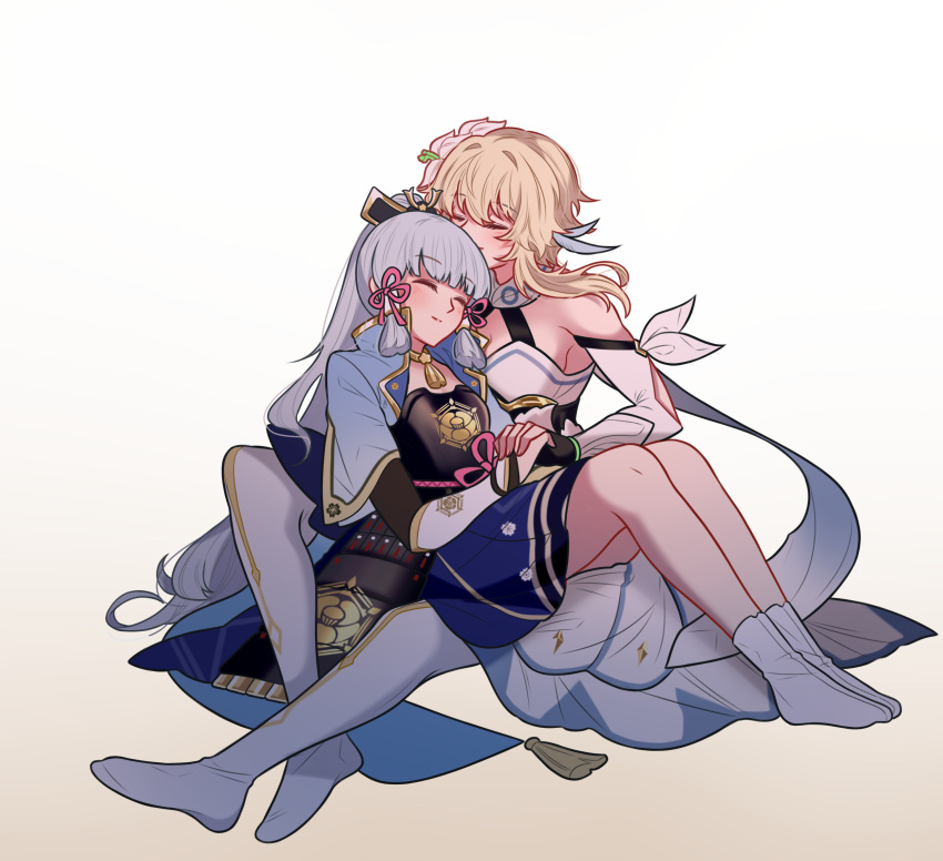 2girls armor blonde_hair blue_shrug blue_skirt blunt_bangs breastplate breasts cleavage closed_eyes closed_mouth couple detached_sleeves floating_hair flower genshin_impact grey_hair hair_flower hair_ornament hair_ribbon high_ponytail highres holding_hands interlocked_fingers kamisato_ayaka kamisato_clan_(emblem) long_hair long_sleeves lumine_(genshin_impact) medium_breasts multiple_girls pink_ribbon ribbon short_hair_with_long_locks sidelocks simple_background sitting sitting_on_lap sitting_on_person skirt smile socks very_long_hair white_background white_flower white_sleeves white_socks yuri yuutama2804