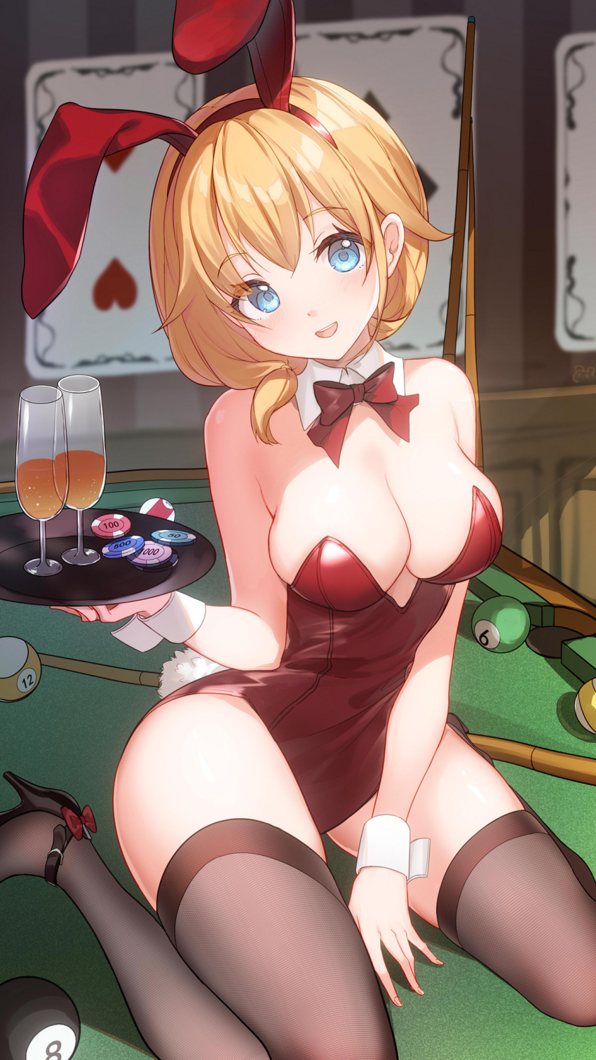 8-ball :d animal_ears ball bare_shoulders billiard_ball bison_cangshu black_footwear blonde_hair blue_eyes bow breasts brown_thighhighs collar commentary_request cue_stick cup detached_collar drink drinking_glass fake_animal_ears female hair_between_eyes hairband high_heels highres holding holding_tray indoors leotard looking_at_viewer on_table playboy_bunny poker_chip pool_table rabbit_ears red_bow red_hairband red_leotard rodney_(warship_girls_r) shoes sitting smile solo strapless strapless_leotard table thighhighs tray wariza warship_girls_r white_collar wing_collar wrist_cuffs