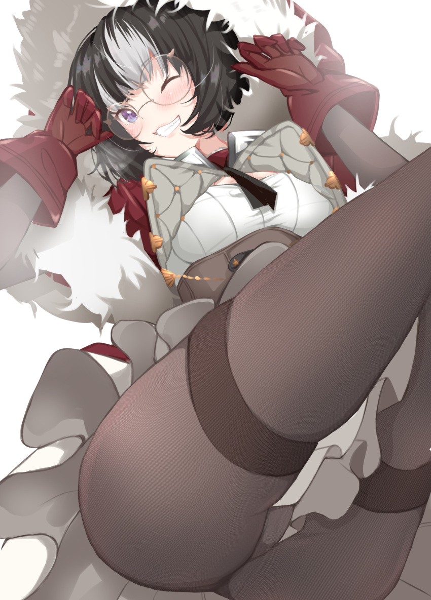 azur_lane between_legs black_hair black_neckerchief blue_eyes eskimo_(azur_lane) female fur-trimmed_hood fur_trim glasses gloves grey_hair highres hood mikuchi3939 multicolored_hair neckerchief one_eye_closed pantyhose red_gloves round_eyewear shirt solo streaked_hair teeth thighband_pantyhose thighs white_shirt