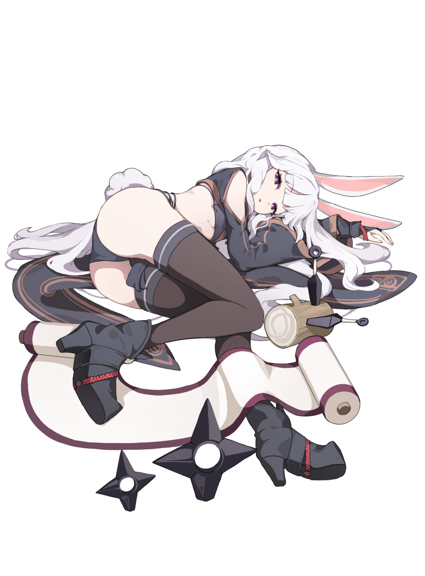 absurdres animal_ears ass black_footwear black_panties black_shirt black_thighhighs boots crop_top female high_heel_boots high_heels highres kunai legs long_hair lying ninja no_pants on_side original panties rabbit_ears rabbit_girl rabbit_tail scroll shirt shuriken solo tail thighhighs thighs toombo12 underwear weapon white_hair