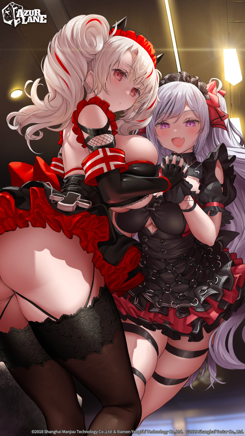 2girls absurdres arched_back ass azur_lane black_dress black_gloves blurry blurry_background breasts clothing_cutout commentary copyright_name cross dress elbe_(azur_lane) elbe_(time_to_show_off?)_(azur_lane) english_commentary fingerless_gloves frills from_behind from_side gloves grey_hair highres holding_hands indoors interlocked_fingers iron_cross large_breasts long_hair looking_at_viewer multicolored_hair multiple_girls oerba_yun_fang official_alternate_costume official_art open_mouth parted_bangs prinz_adalbert_(after-hours_service)_(azur_lane) prinz_adalbert_(azur_lane) purple_eyes red_eyes red_ribbon ribbon second-party_source skin_fang smile streaked_hair thigh_strap thighhighs twintails twisted_torso underboob underboob_cutout uo_denim very_long_hair white_hair