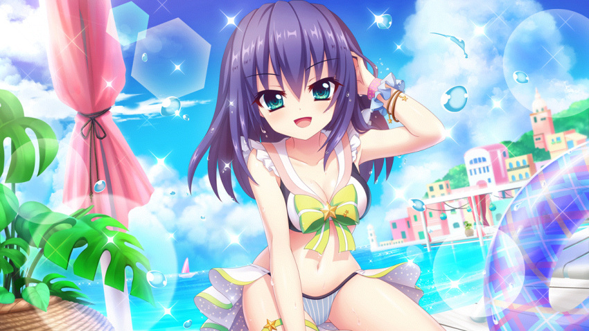 aqua_eyes beach_umbrella bikini bikini_skirt blue_bikini blue_hair blue_sky boat bow bracelet breasts building cleavage cloud collarbone day dot_nose dutch_angle female film_grain game_cg green_bow green_ribbons hand_in_own_hair honjou_kasumi horizon izumi_tsubasu jewelry leg_ribbon lens_flare looking_at_viewer medium_breasts medium_hair navel non-circular_lens_flare non-web_source ocean official_art open_mouth outdoors pink_umbrella pink_wrist_cuffs plant potted_plant re:stage! ribbon sailboat sitting sky smile solo sparkle star_(symbol) swimsuit thigh_ribbon transparent_innertube umbrella watercraft wrist_cuffs