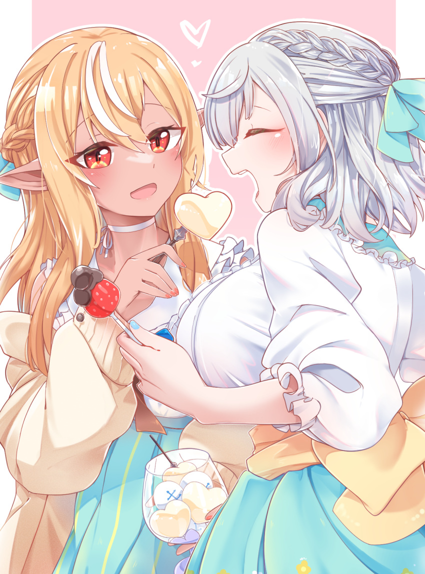 alternate_costume blonde_hair blush bow breasts cleavage commentary_request couple dark-skinned_female dark_elf dark_skin elf feeding grey_hair hairbow highres hololive large_breasts long_hair medium_hair multicolored_hair multiple_girls open_mouth pointy_ears red_eyes shiranui_flare shirogane_noel sidelocks smile starblame streaked_hair virtual_youtuber wavy_hair white_hair yuri