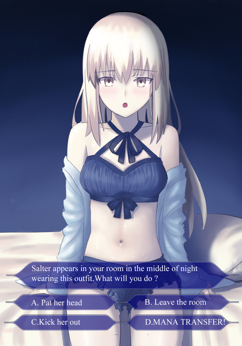 :o absurdres alternate_costume artoria_pendragon_(fate) bare_shoulders blonde_hair blush breasts choice collarbone dialogue_options english_commentary english_text fate/grand_order fate_(series) female hair_between_eyes highres indoors lingerie long_hair longdq3008 looking_at_viewer medium_breasts navel off_shoulder on_bed pale_skin pillow saber_alter sitting solo stomach underwear who_wants_to_be_a_millionaire yellow_eyes