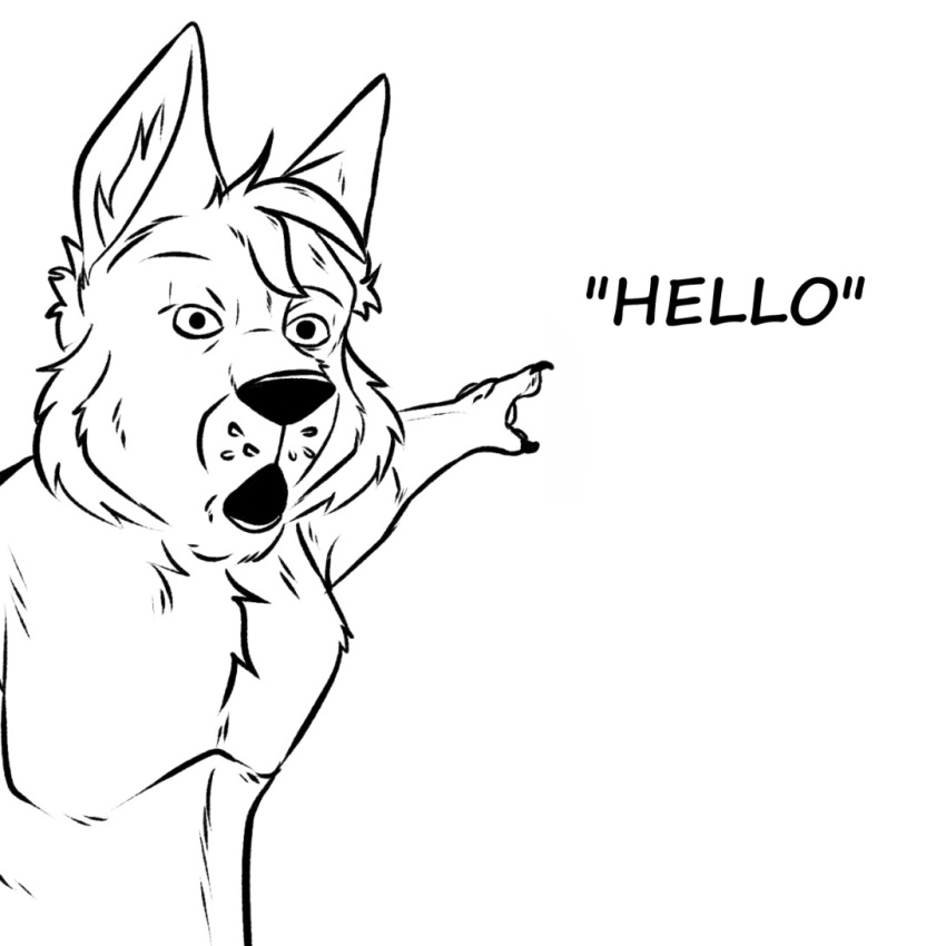 1:1 2023 anthro canid canine canis claws english_text finger_claws fur gesture greeting half-length_portrait hand_gesture line_art looking_at_viewer male mammal meme monochrome open_mouth pointing portrait prick_ears solo soyjak text undeadsparrow wolf