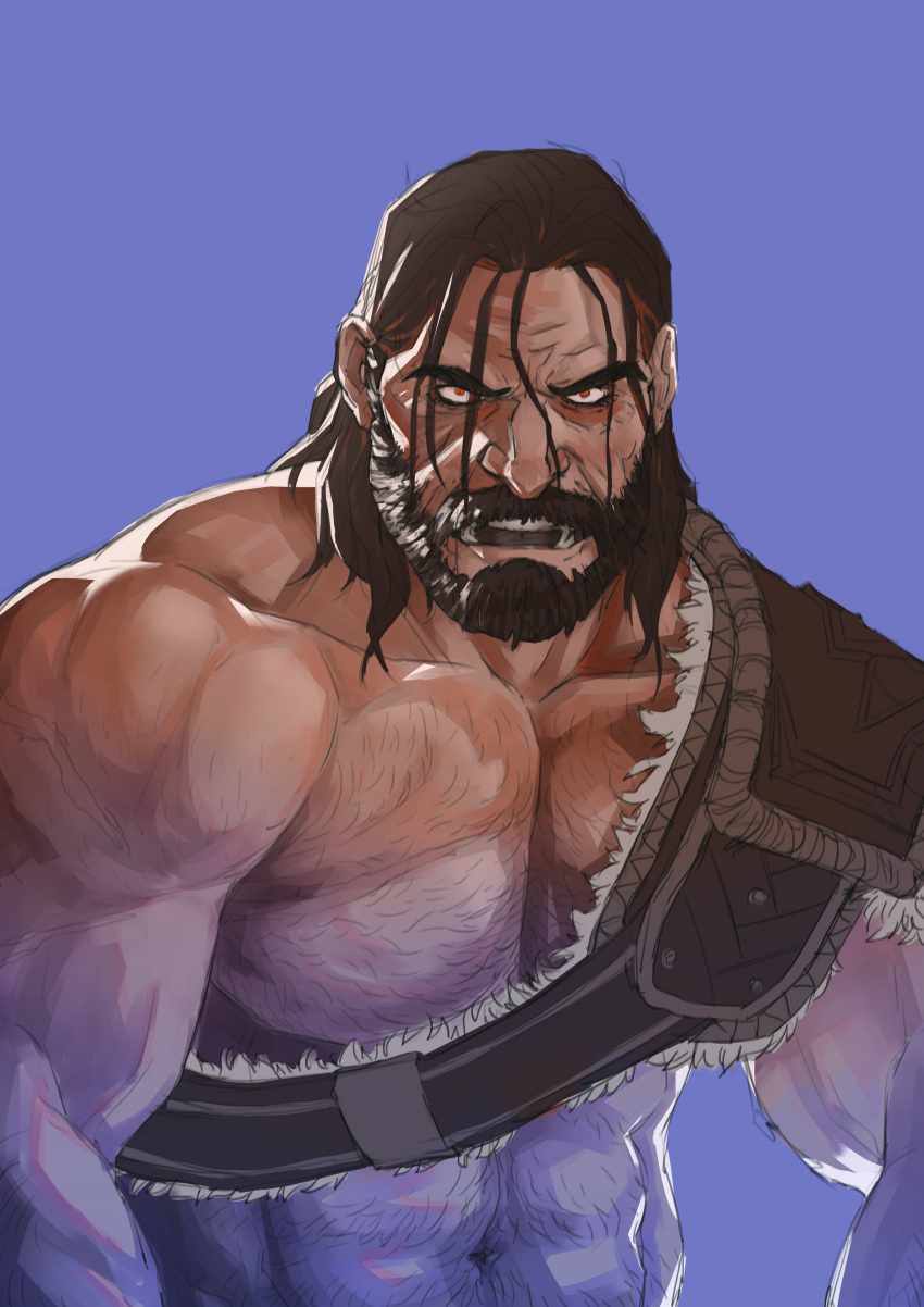 1boy absurdres bara beard chest_belt chest_hair facial_hair flexing_pectorals fonzu_(callmefonzu) frown full_beard hairy highres large_pectorals league_of_legends looking_ahead male_focus mature_male moustache muscular muscular_male navel_hair official_alternate_hairstyle pectorals solo strongman_waist thick_beard thick_eyebrows thick_mustache tryndamere upper_body wrinkled_skin