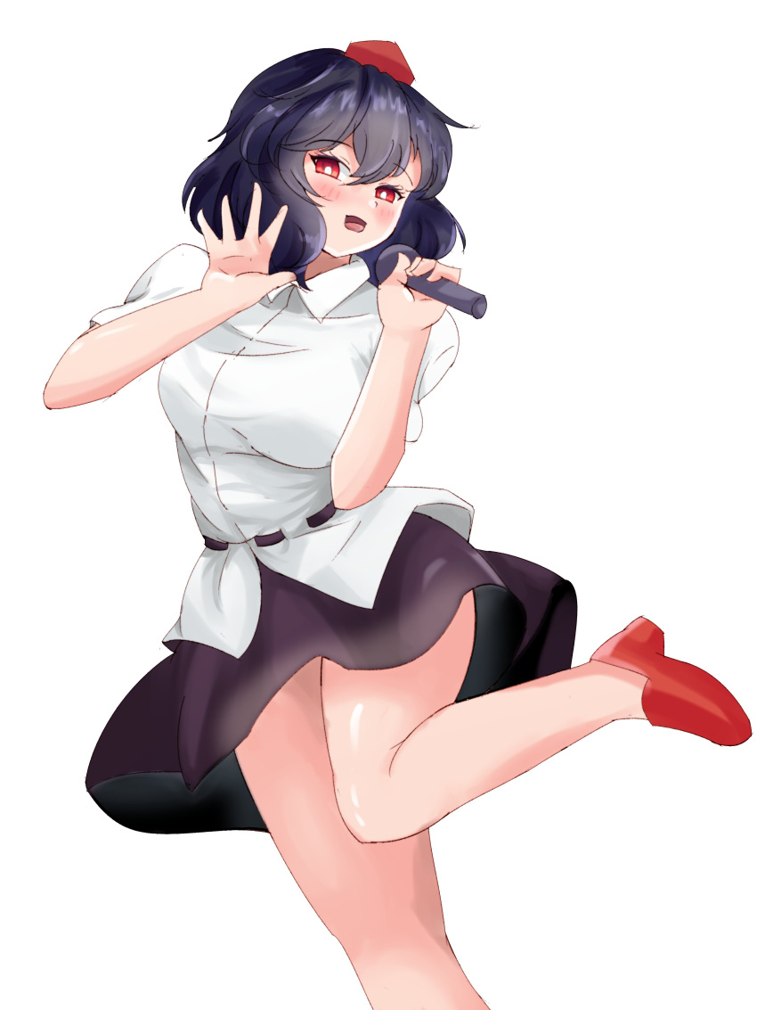 absurdres black_hair black_skirt blush female ginari highres looking_at_viewer microphone open_hand open_mouth red_eyes red_footwear shameimaru_aya shiny_skin shirt skirt solo tengu thighs touhou white_background white_shirt