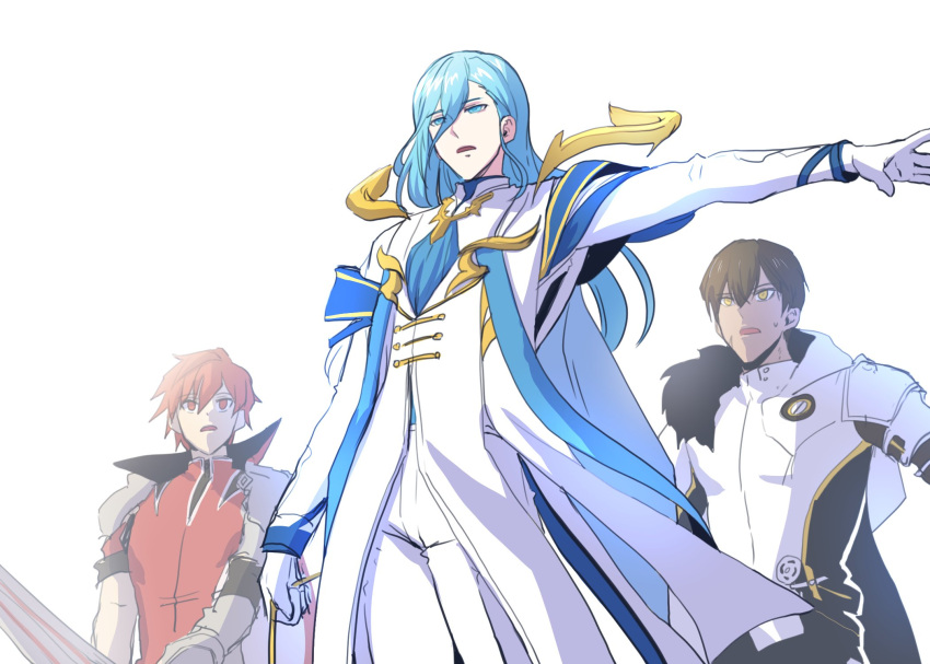 3boys ainchase_ishmael black_hair blue_eyes blue_hair cowboy_shot elsword elsword_(character) expressionless fur_trim furious_blade_(elsword) gloves highres holding holding_sword holding_weapon knight_emperor_(elsword) long_hair long_sleeves multiple_boys pinkmarine raven_cronwell red_eyes red_hair richter_(elsword) serious short_hair sweatdrop sword weapon