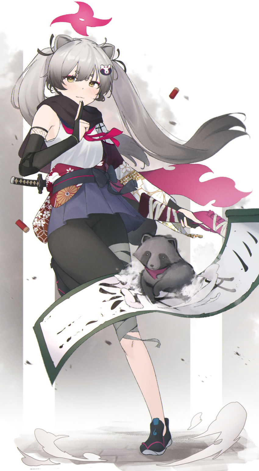 animal animal_ears bandaged_leg bandages bare_shoulders black_footwear black_gloves black_hair black_shorts blue_archive blue_skirt brown_eyes ciza_gomi closed_mouth commentary_request dust female floating_hair gloves gradient_hair grey_hair gun halo hand_up highres holding holding_gun holding_weapon kuji-in long_hair looking_at_viewer mask mask_on_head michiru_(blue_archive) multicolored_hair ninja partially_fingerless_gloves pleated_skirt raccoon scroll shirt shoes short_eyebrows shorts shotgun_shell skirt sleeveless sleeveless_shirt solo tail thick_eyebrows twintails very_long_hair weapon white_shirt