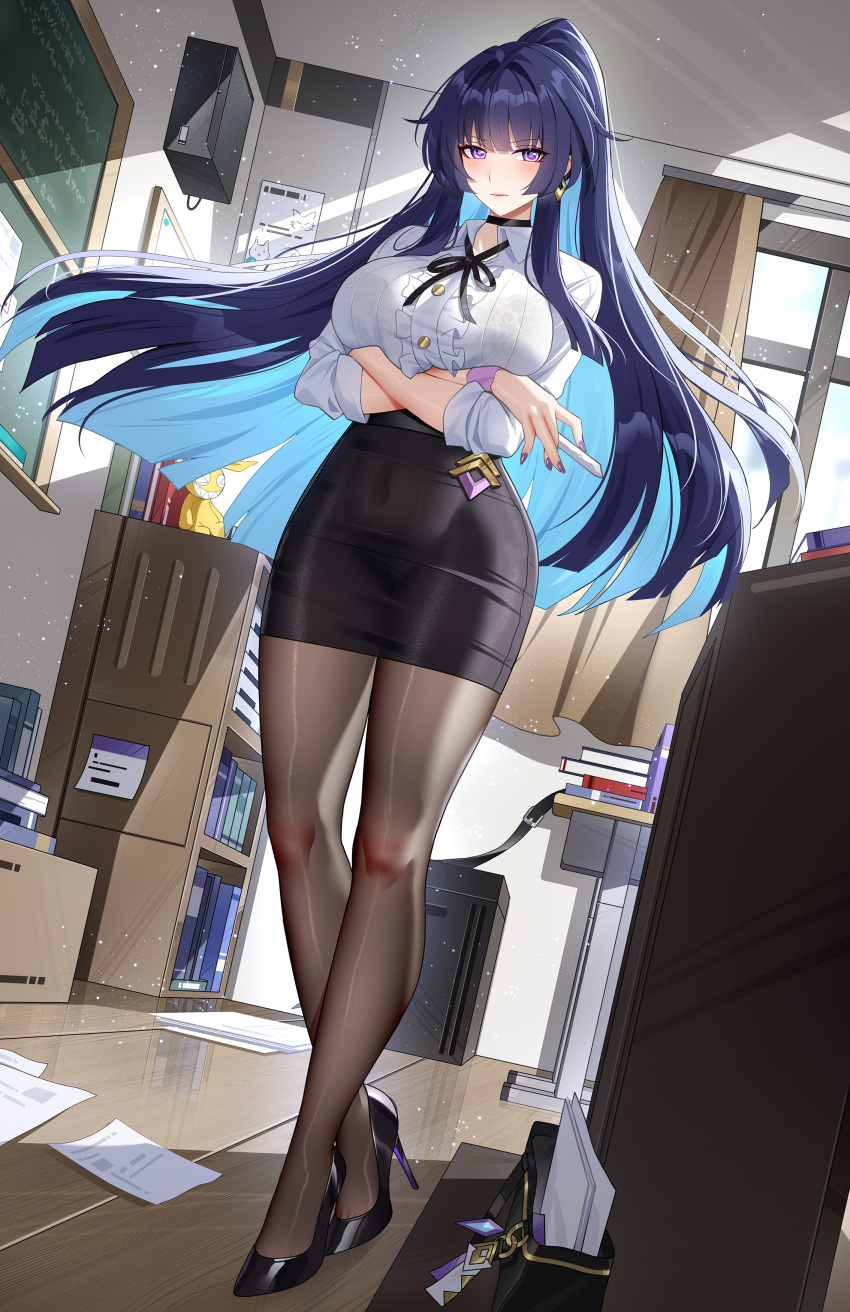 absurdres black_bra black_footwear black_pantyhose black_skirt blue_hair blush bra bra_visible_through_clothes bralines breasts chinese_commentary closed_mouth colored_inner_hair commentary covered_navel crossed_arms female full_body high_heels highres honkai_(series) honkai_impact_3rd indoors large_breasts legs long_hair long_sleeves looking_at_viewer multicolored_hair nail_polish pantyhose paper purple_nails raiden_mei raiden_mei_(herrscher_of_origin) shirt skirt solo standing thighs toe_cleavage underwear white_shirt window wu_ganlan_cai