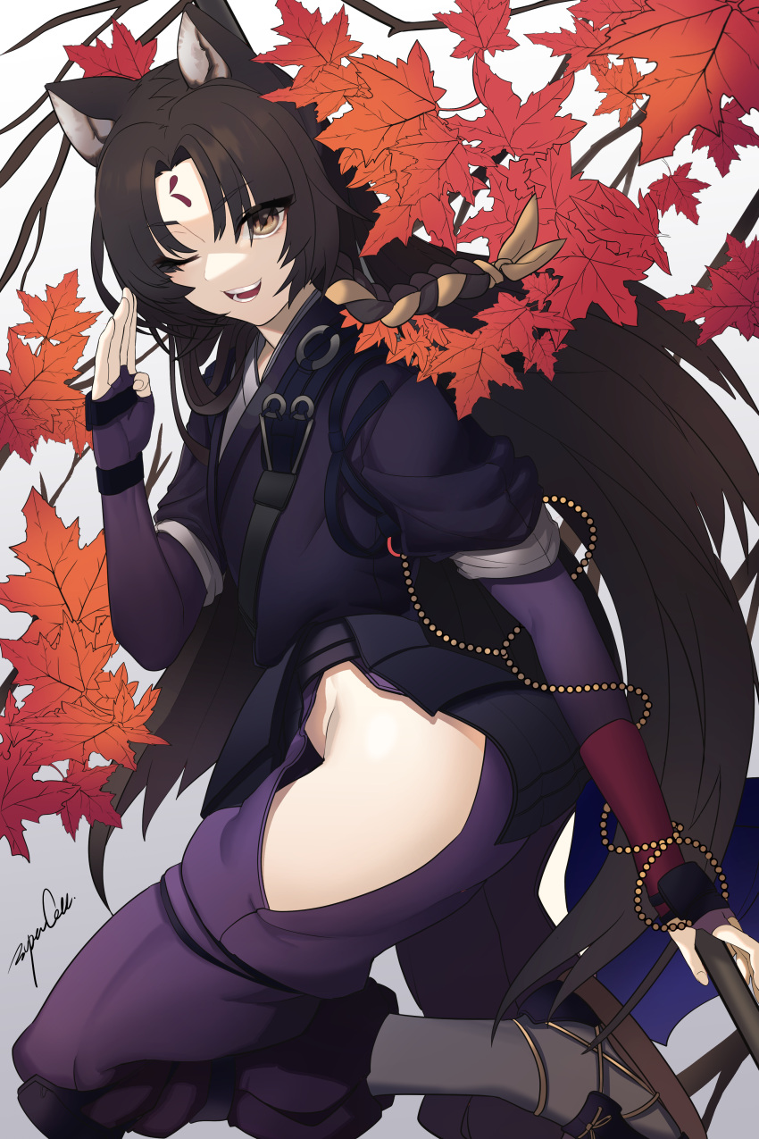 absurdres animal_ears arknights black_hair black_kimono brown_eyes dog_ears facial_mark female fingerless_gloves forehead_mark gloves highres hip_vent holding japanese_clothes jungsungwoo kimono long_hair long_sleeves looking_at_viewer parted_bangs saga_(arknights) solo very_long_hair weapon