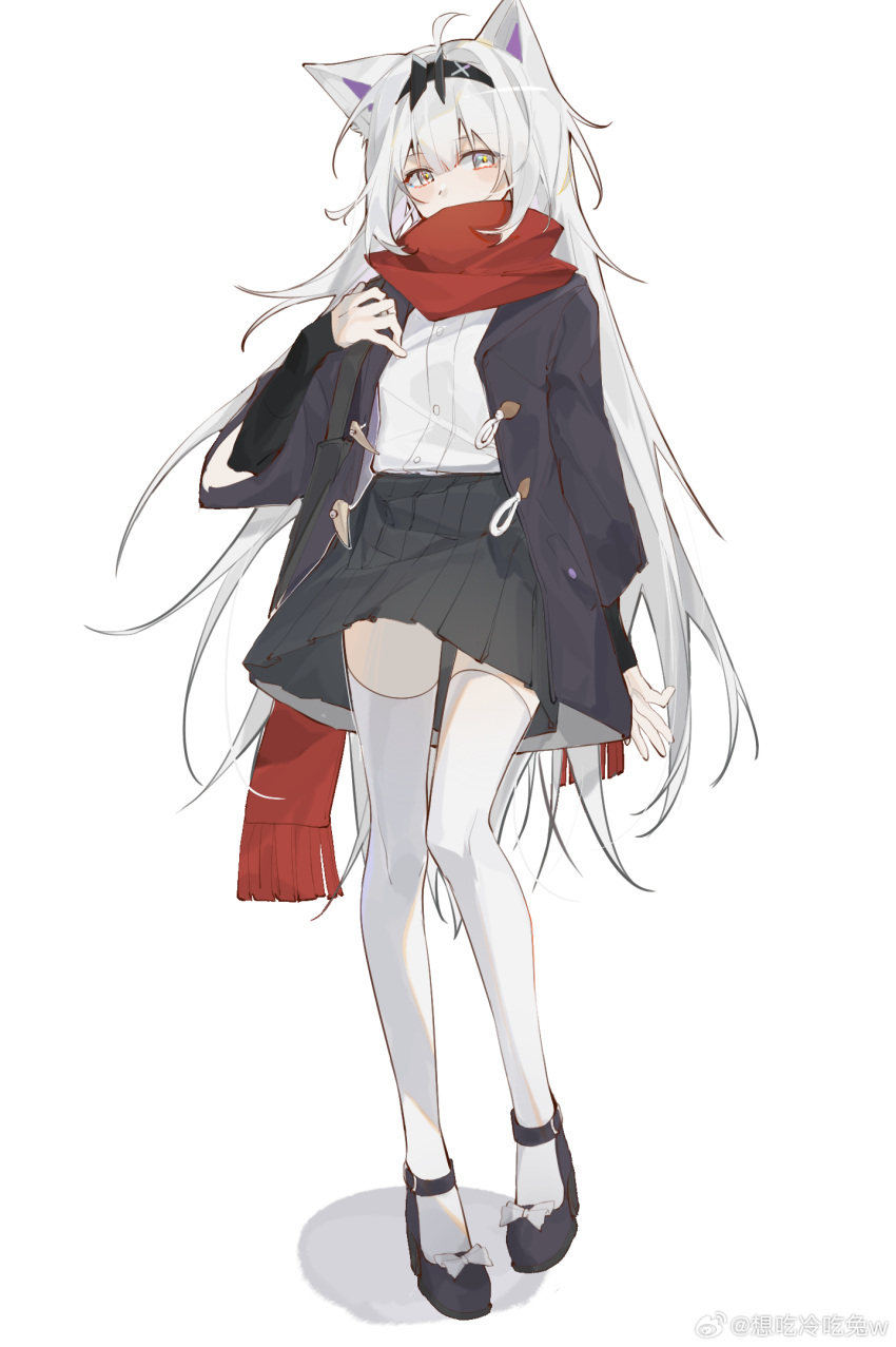 ahoge alternate_costume animal_ears black_coat black_footwear black_hairband black_skirt blush bow center-flap_bangs chinese_commentary coat commentary covered_mouth female footwear_bow full_body grey_eyes hairband heterochromia high_heels highres kylin_47 long_hair long_scarf looking_at_viewer no.21:_feral_scent_(punishing:_gray_raven) no.21_(punishing:_gray_raven) open_clothes open_coat pleated_skirt punishing:_gray_raven red_scarf scarf shadow shirt shirt_tucked_in shoes simple_background skirt solo standing tachi-e thighhighs very_long_hair weibo_logo weibo_watermark white_background white_hair white_shirt white_thighhighs zettai_ryouiki