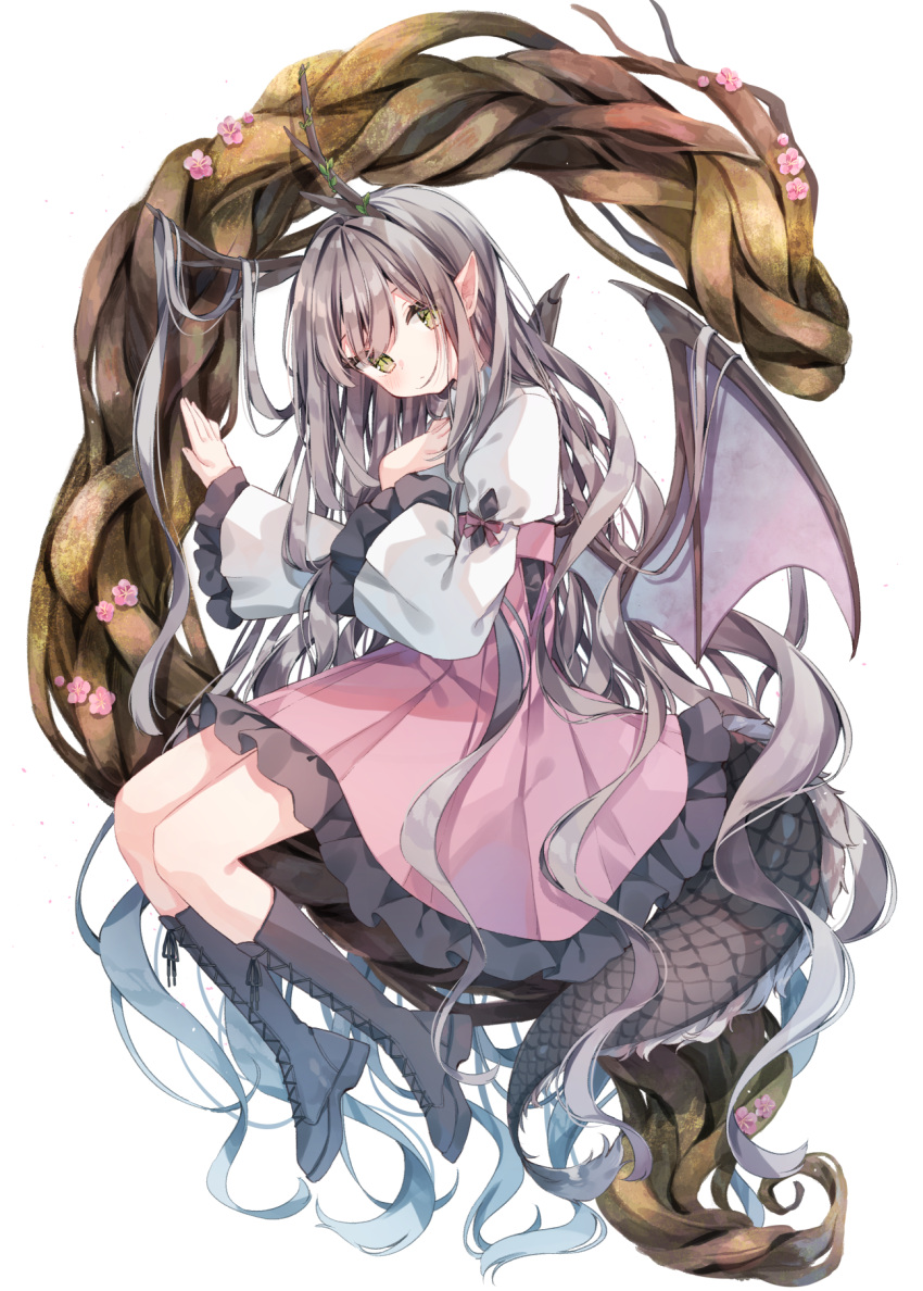 brown_hair dragon_girl dragon_horns dragon_tail dragon_wings female green_eyes heripiro highres horns long_hair long_sleeves looking_at_viewer original pointy_ears puffy_long_sleeves puffy_sleeves solo tail very_long_hair wings