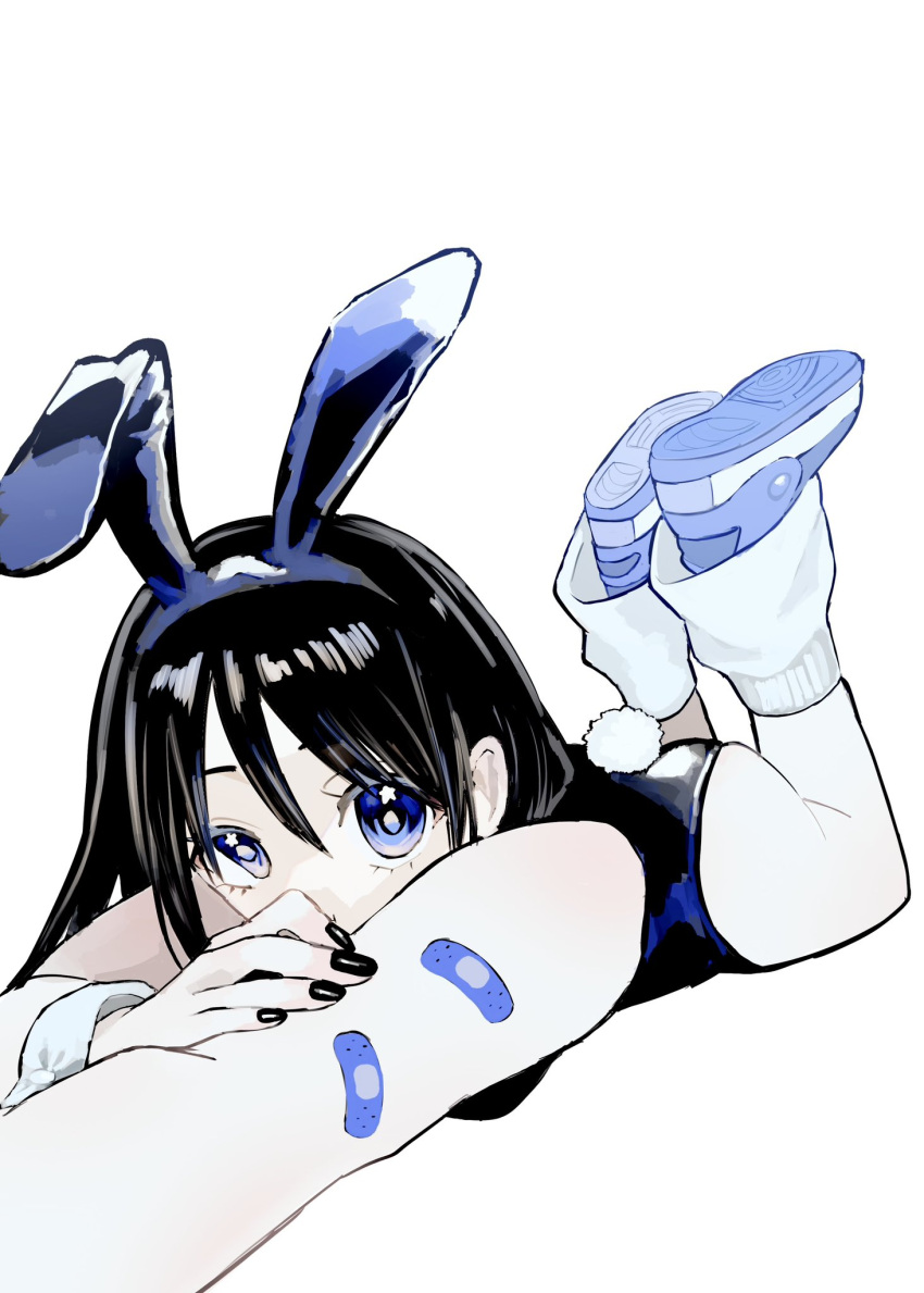 animal_ears bandaid bandaid_on_arm black_hair black_leotard black_nails blue_eyes blue_footwear fake_animal_ears female highres kakeru_(urokogaran) leg_warmers legs_up leotard long_hair looking_at_viewer lying nail_polish on_stomach original playboy_bunny rabbit_ears rabbit_tail shoes simple_background solo star_(symbol) star_in_eye straight_hair symbol_in_eye tail urokogaran white_background white_leg_warmers wrist_cuffs