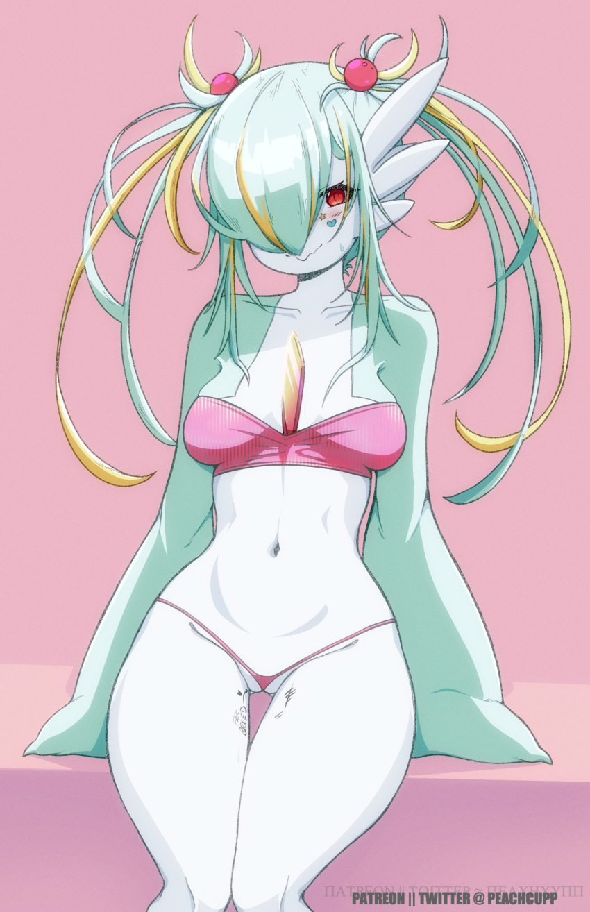 absurd_res accessory belly blonde_hair blush blush_lines breasts cecilia_(peachcupp) chest_spike clothed clothing facial_stickers female front_view gardevoir generation_3_pokemon green_hair hair hair_accessory hi_res humanoid multicolored_hair navel nintendo not_furry peachcupp pink_clothing pokemon pokemon_(species) red_eyes simple_background small_breasts solo spikes spikes_(anatomy) squiggle_mouth thick_thighs twintails_(hairstyle) underwear white_body white_skin wide_hips