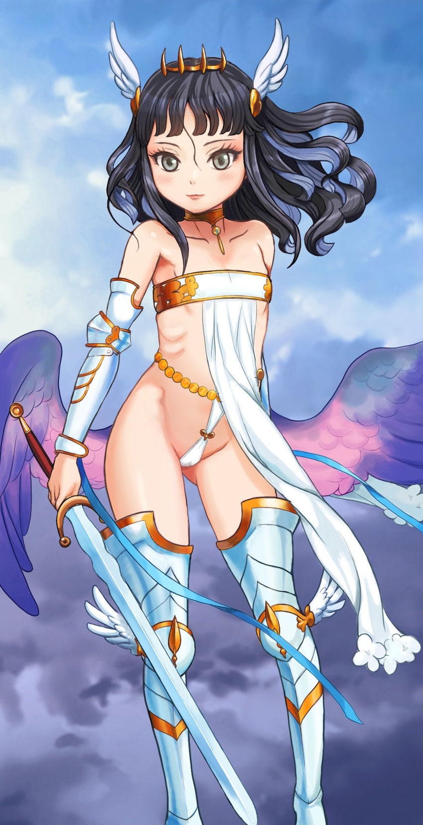 armor ass_visible_through_thighs bandeau black_hair blue_hair blue_ribbon blue_sky blush clothing_aside commentary_request eiyuu_senki eiyuu_senki_ww feathered_wings flat_chest floating_hair gauntlets gold_choker greaves grey_eyes head_wings headgear highres holding holding_sword holding_weapon light_smile long_hair looking_at_viewer low_wings multicolored_hair pelvic_curtain pelvic_curtain_aside revealing_clothes ribbon ribs rossweisse_(eiyuu_senki) sky sword tiara two-tone_hair ura_(mabutawo) wavy_hair weapon wind wings