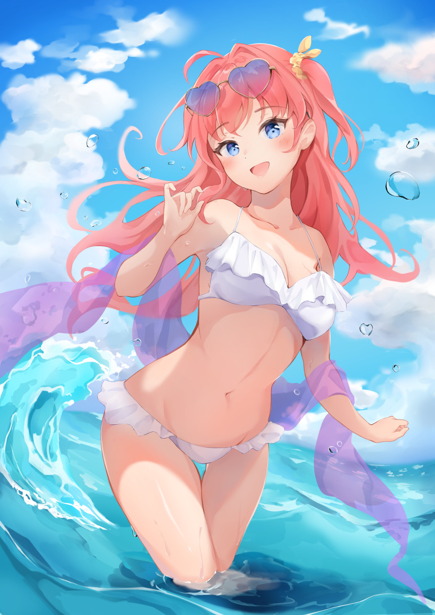 :d absurdres ahoge arm_at_side bare_shoulders bikini blue_eyes blue_sky blush breasts cleavage cloud cloudy_sky coeur collarbone day eyewear_on_head female floating_hair frilled_bikini frills groin hair_ornament hair_scrunchie hand_up head_tilt highres leaning_forward lishenna_omen_of_destruction long_hair looking_at_viewer medium_breasts navel one_side_up open_mouth outdoors red_hair scrunchie see-through shadowverse sky smile solo standing strap_gap sunglasses swimsuit thigh_gap wading water water_drop waves white_bikini