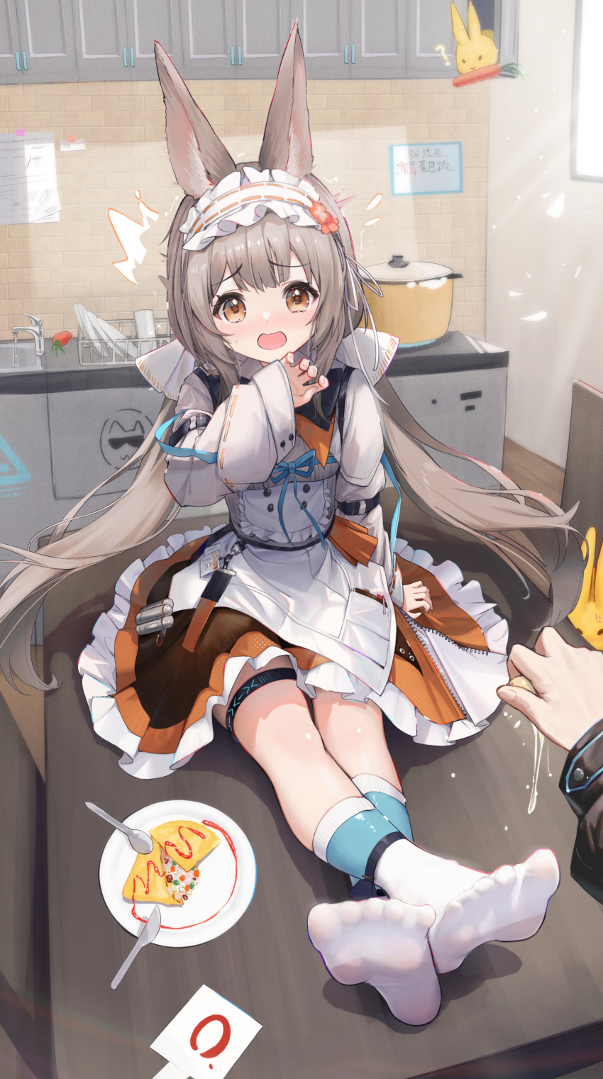 1other absurdres animal_ears arknights blue_ribbon carrot chair cooking_pot cracking_egg crossed_ankles faucet feet female food frilled_hairband frills grey_hair hairband highres infection_monitor_(arknights) knife no_shoes omelet open_mouth plate rabbit ribbon sink sitting sitting_on_table socks soles solo_focus spoon table toes warmy_(arknights) yellow_eyes zayur