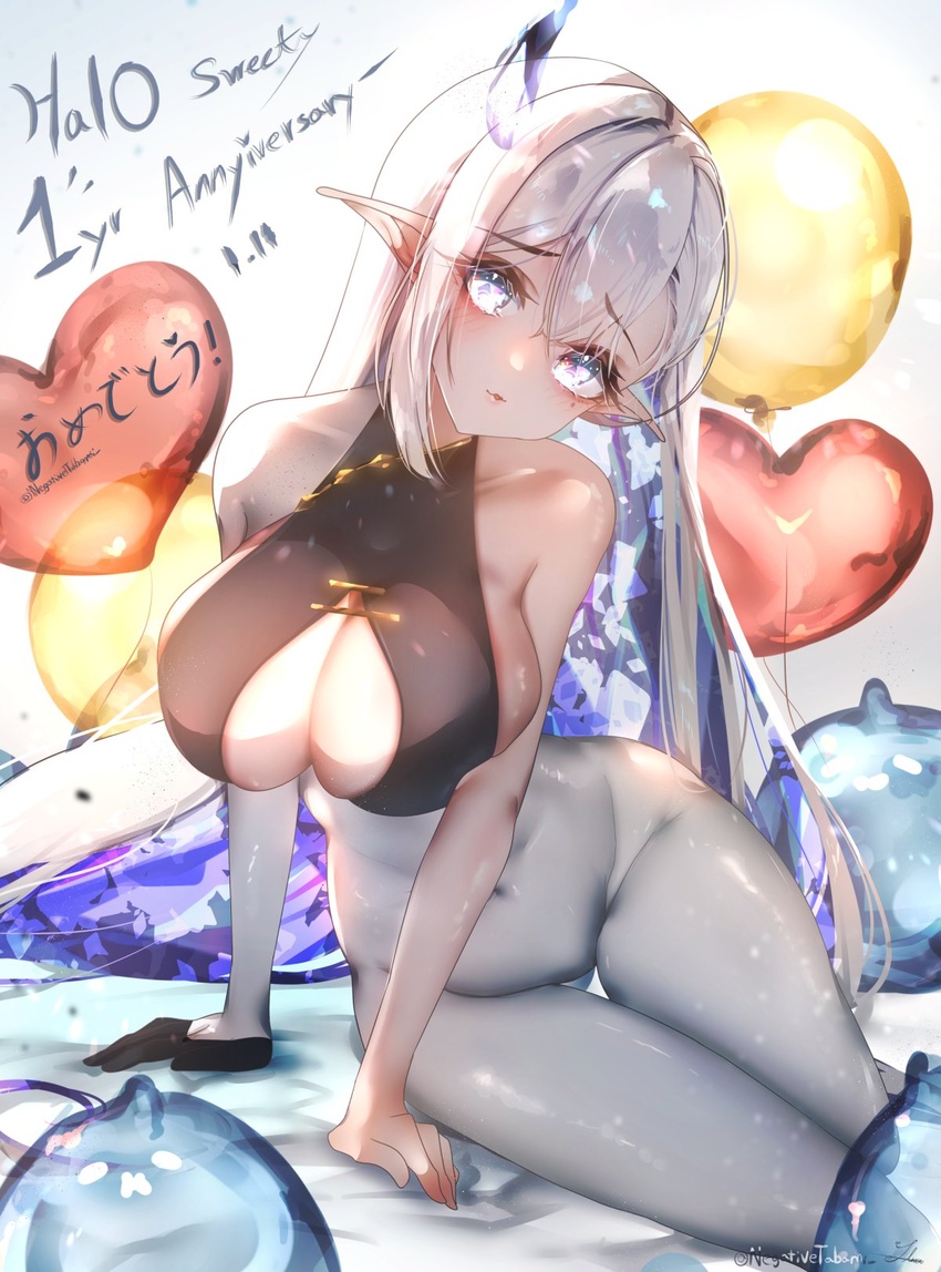 anniversary arm_support balloon bodysuit breasts cleavage cleavage_cutout clothing_cutout colored_inner_hair covered_navel crystal_horns female grey_bodysuit grey_eyes grey_hair halo_sweety heart_balloon highres horns huge_breasts indie_virtual_youtuber long_hair looking_at_viewer multicolored_eyes multicolored_hair negativetabami pointy_ears purple_hair sideboob sideboob_cutout single_horn sleeveless sleeveless_bodysuit solo virtual_youtuber