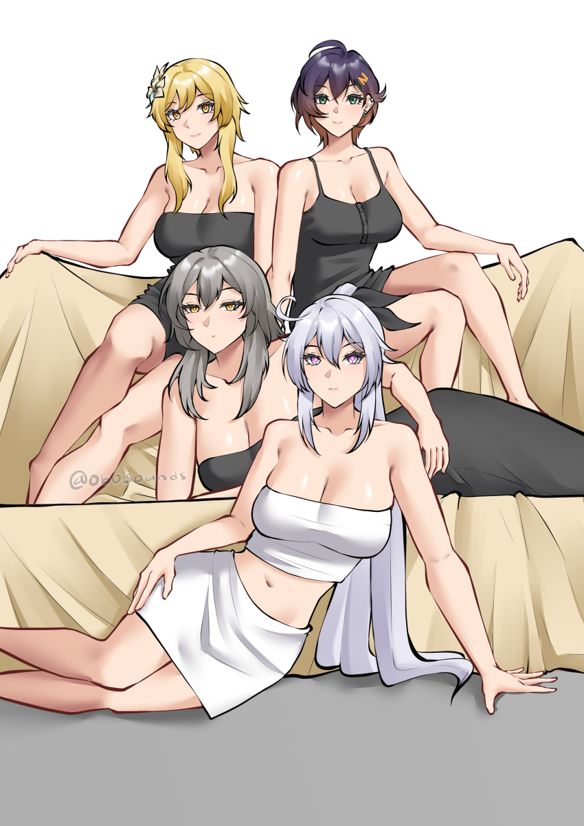 4girls absurdres ahoge arm_support belle_(zenless_zone_zero) blonde_hair breasts brown_hair camisole cleavage feet_out_of_frame flower genshin_impact gradient_hair grey_hair hair_flower hair_ornament highres honkai:_star_rail honkai_(series) honkai_impact_3rd kiana_kaslana large_breasts long_hair looking_at_viewer lumine_(genshin_impact) mihoyo miniskirt multicolored_hair multiple_girls obosounds purple_eyes purple_hair simple_background skirt smile spaghetti_strap stelle_(honkai:_star_rail) strapless trailblazer_(honkai:_star_rail) tube_top white_background white_skirt yellow_eyes zenless_zone_zero