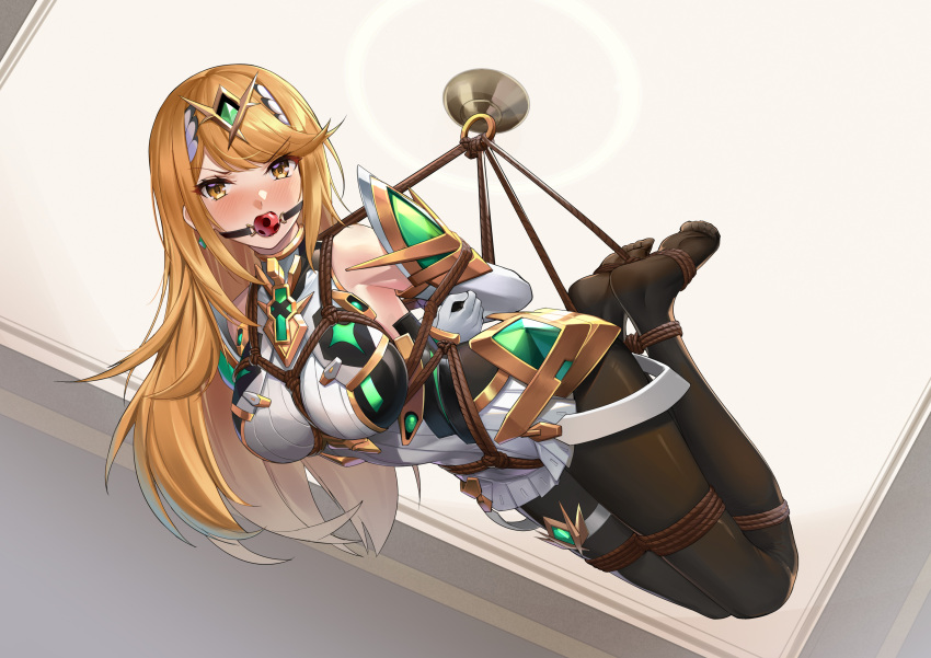 463_jun absurdres ball_gag black_pantyhose blonde_hair blush bondage bondage bondage bound breasts dress elbow_gloves female frown gag gloves highres large_breasts long_hair looking_at_viewer mythra_(xenoblade) no_shoes pantyhose restrained solo suspension white_dress white_gloves wiffle_gag xenoblade_chronicles_(series) xenoblade_chronicles_2 yellow_eyes