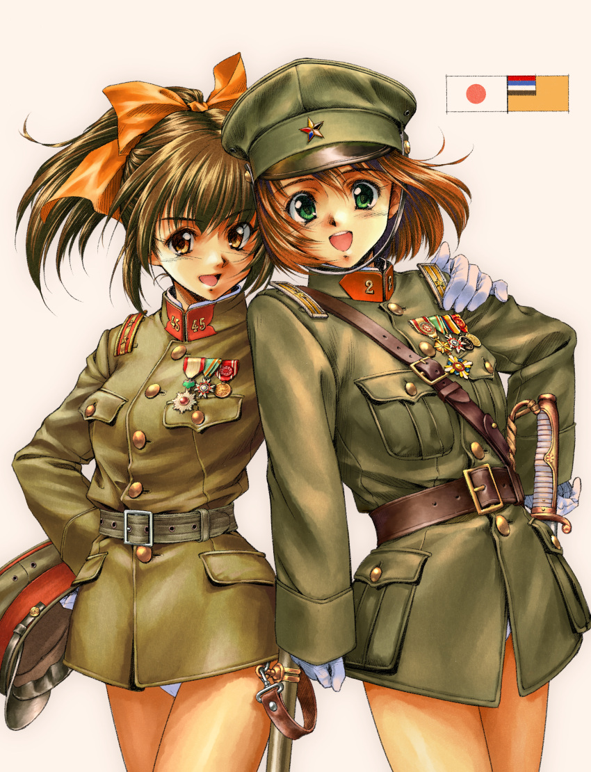 1980s_(style) 2girls absurdres army brown_hair commission gloves green_eyes green_hat green_jacket hat highres imperial_japanese_army jacket japanese_flag longmei_er_de_tuzi manchukuo manchukuo_army manchukuo_flag medal military_hat military_uniform multiple_girls no_pants original panties panty_peek pixiv_commission retro_artstyle sword underwear unworn_headwear weapon white_background white_gloves white_panties world_war_ii