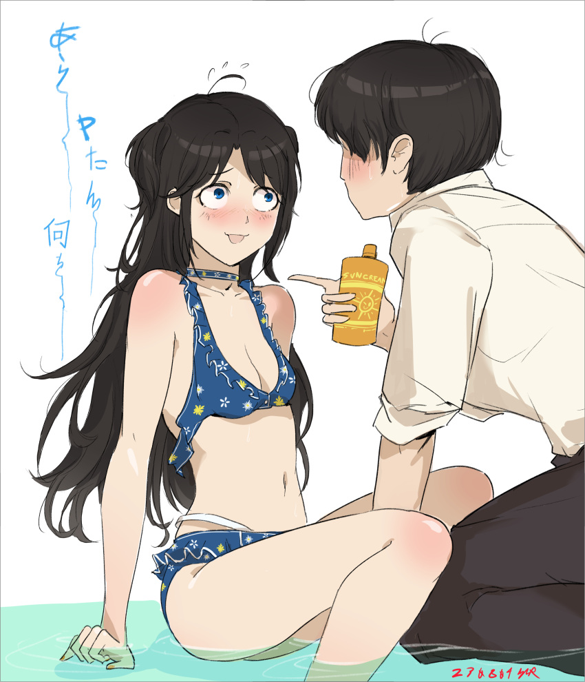 1boy absurdres bikini black_hair black_pants blue_bikini blue_eyes blush breasts choker cleavage commentary constricted_pupils dated female floral_print highres idolmaster idolmaster_shiny_colors layered_bikini long_hair lotion lotion_bottle mitsumine_yuika navel nervous open_mouth pants producer_(idolmaster) shirt signature sitting small_breasts straight sunscreen swimsuit translated untied_bikini_top white_shirt wide-eyed ywr