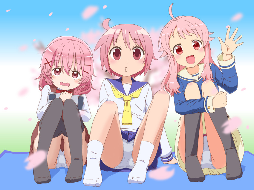 3girls :d ahoge anima_yell! black_socks black_thighhighs blanket blue_serafuku blue_skirt blue_sky blurry blurry_background blush cherry_blossoms comic_girls day drawing_tablet hair_ornament hairclip hatoya_kohane highres kneehighs long_hair long_sleeves looking_at_viewer moeta_kaoruko mons_pubis multiple_girls necktie no_shoes nonohara_yuzuko nyoki_naioki open_mouth outdoors panties pink_eyes pink_hair pink_petals pleated_skirt puckered_lips red_eyes sailor_collar school_uniform serafuku short_hair sitting skirt sky smile socks thighhighs underwear waving wavy_mouth white_panties white_socks x_hair_ornament yellow_necktie yuyushiki