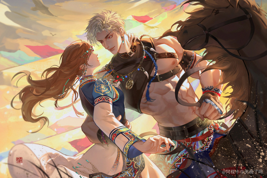 1boy abs asukaashuka brown_hair cloud couple dress female grey_hair highres horse lips long_hair long_sleeves looking_at_another love_and_deepspace muscular muscular_male outdoors parted_lips pectorals protagonist_(love_and_deepspace) red_eyes short_hair straight sylus_(love_and_deepspace)