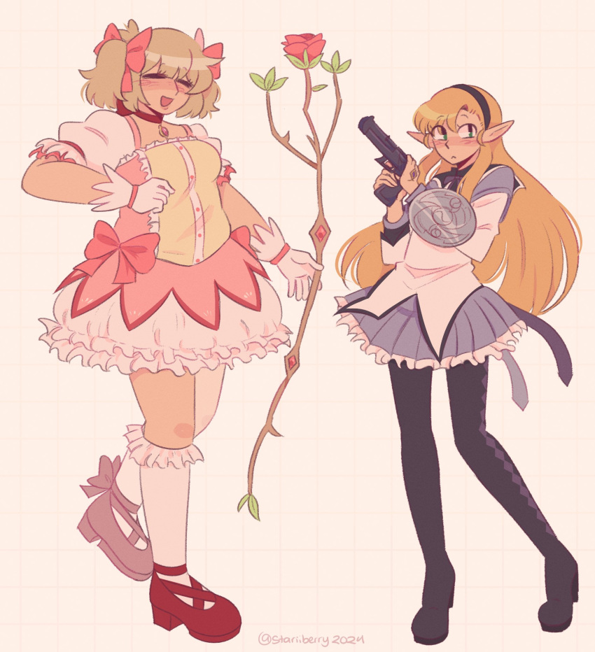 2girls akemi_homura akemi_homura_(cosplay) blonde_hair cosplay dungeon_meshi elf falin_touden gun hairband handgun highres kaname_madoka kaname_madoka_(cosplay) long_hair mage_staff magical_girl mahou_shoujo_madoka_magica marcille_donato multiple_girls pointy_ears simple_background staff stariiberry twintails weapon